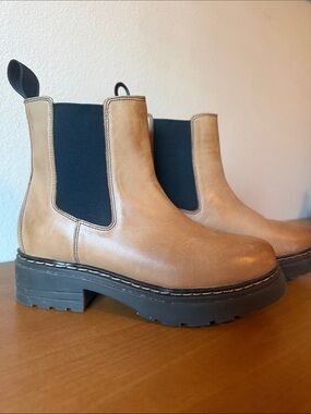 Roolee Tan Chelsea Lug-Soled Ankle Boots with Black Elastic Panels